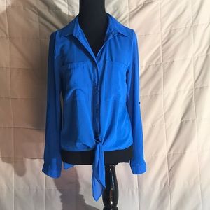 Chiffon like royal blue high low blouse tie front